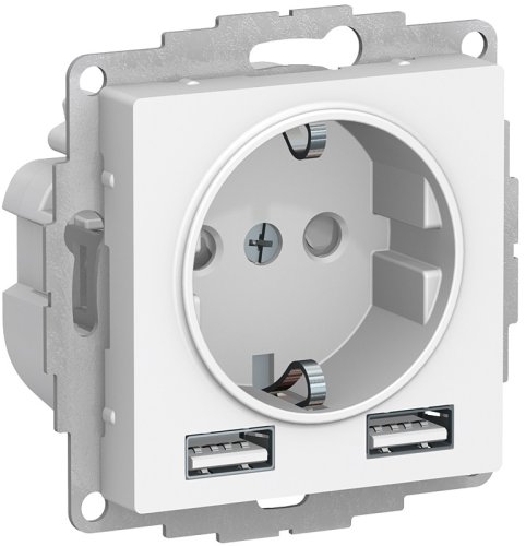 Розетка с заземлением +2xUSB тип A+A без рамки Systeme Electric AtlasDesign 1-м. белый фото Розетка с заземлением +2xUSB тип A+A без рамки Systeme Electric AtlasDesign 1-м. белый картинка